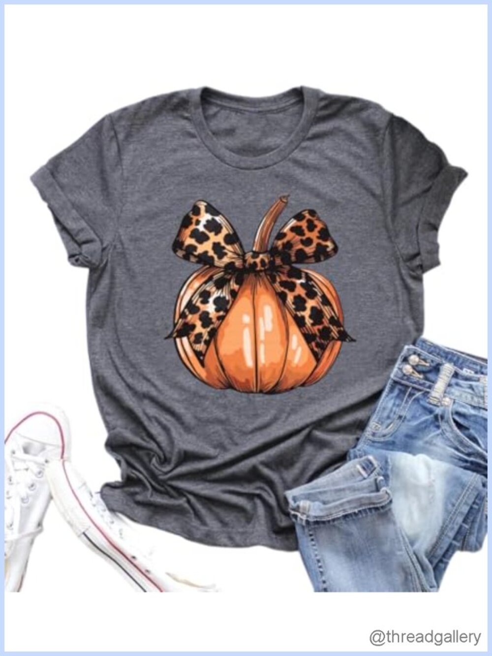 Women's Pumpkin Graphic Tee Leopard Bow Crew Neck Short Sleeve Fall Casual Top
